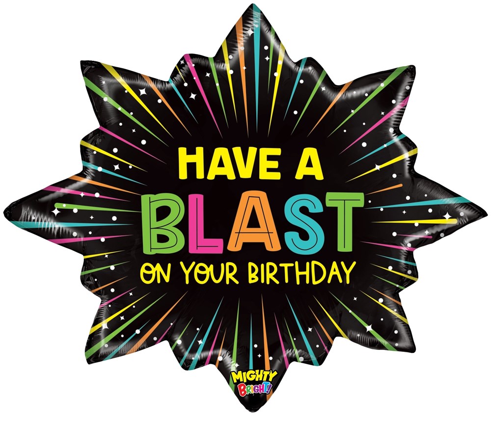 Black starburst-shaped foil balloon with colorful fireworks and text "Have a BLAST on your birthday" in bright multicolor.