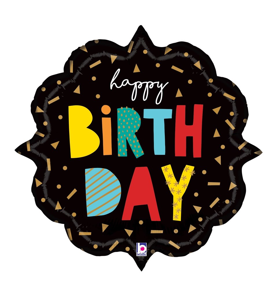 24-inch black ornate star-shaped foil balloon with colorful "Happy Birthday" text and confetti designs.