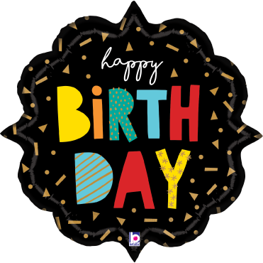 24-inch black foil balloon with colorful "Happy Birthday" text and gold confetti pattern.