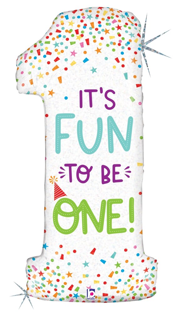 Holographic foil balloon shaped like number one with colorful confetti and "It's fun to be one!" text.