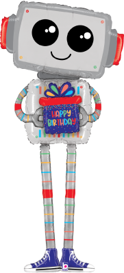 62-inch silver robot-shaped foil balloon with smiling face, colorful birthday gift, and striped legs with blue sneakers.