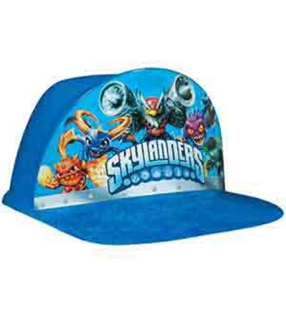 Blue plastic Skylanders Evergreen hat with colorful character graphics and a flat brim.