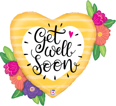Yellow heart-shaped foil balloon with white center and "Get Well Soon" script, decorated with pink and purple flowers and.