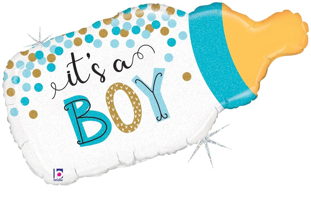 Holographic foil balloon shaped like a baby bottle with blue cap, gold nipple, and "It's a Boy" text surrounded by blue and.
