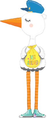 72-inch foil balloon shaped like a white stork with an orange beak, blue hat, and yellow "Just Arrived" bib.