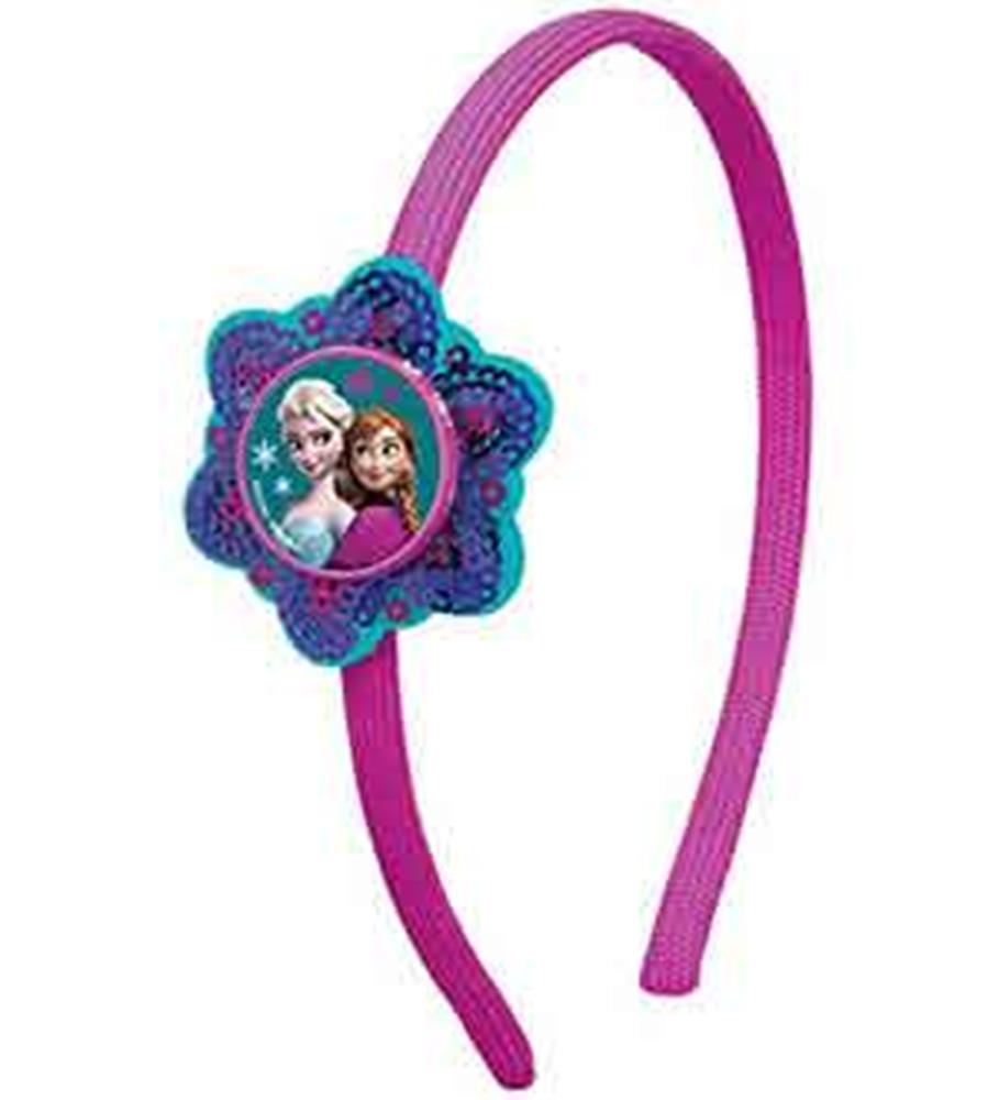Pink plastic headband with blue glittery flower featuring Elsa and Anna from Frozen.