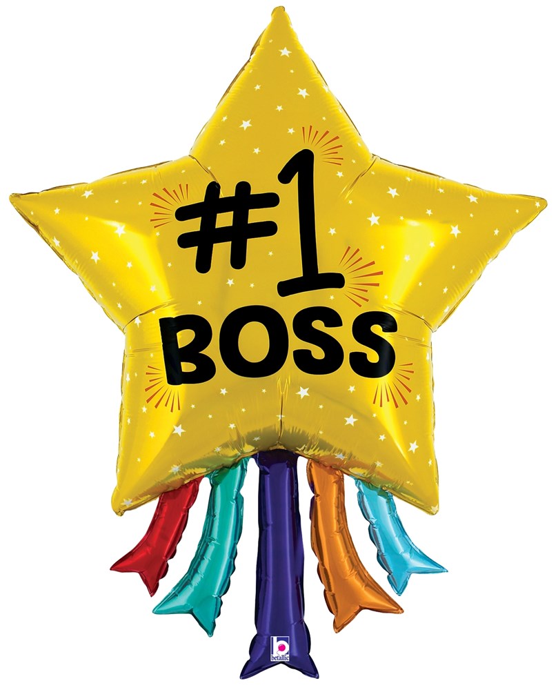 Yellow star-shaped foil balloon with "#1 BOSS" in bold black letters and colorful ribbon tails.