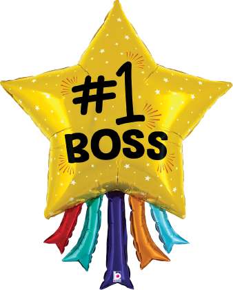 Gold star-shaped foil balloon with "#1 BOSS" in black letters and colorful ribbon-like tails at the bottom.
