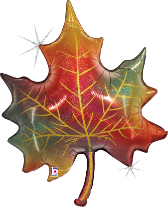 30-inch holographic foil balloon shaped like a red, orange, and green glittery fall leaf with gold vein details.
