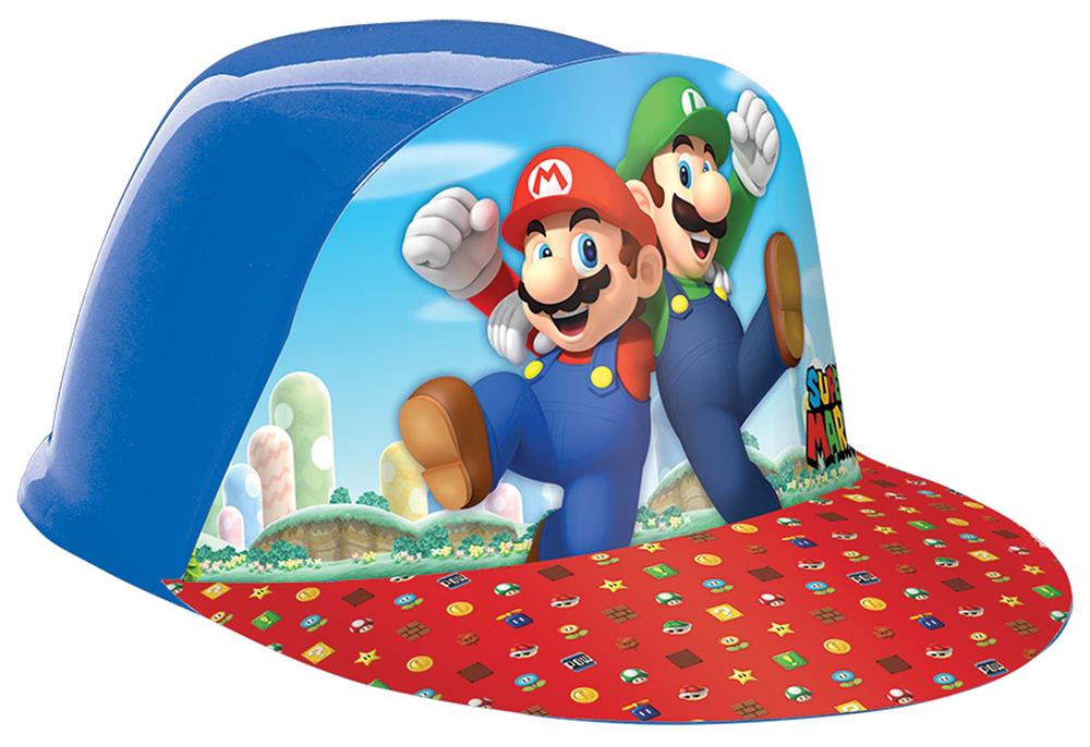 Blue and red plastic hat with Super Mario and Luigi graphics, featuring red brim with mushroom icons.