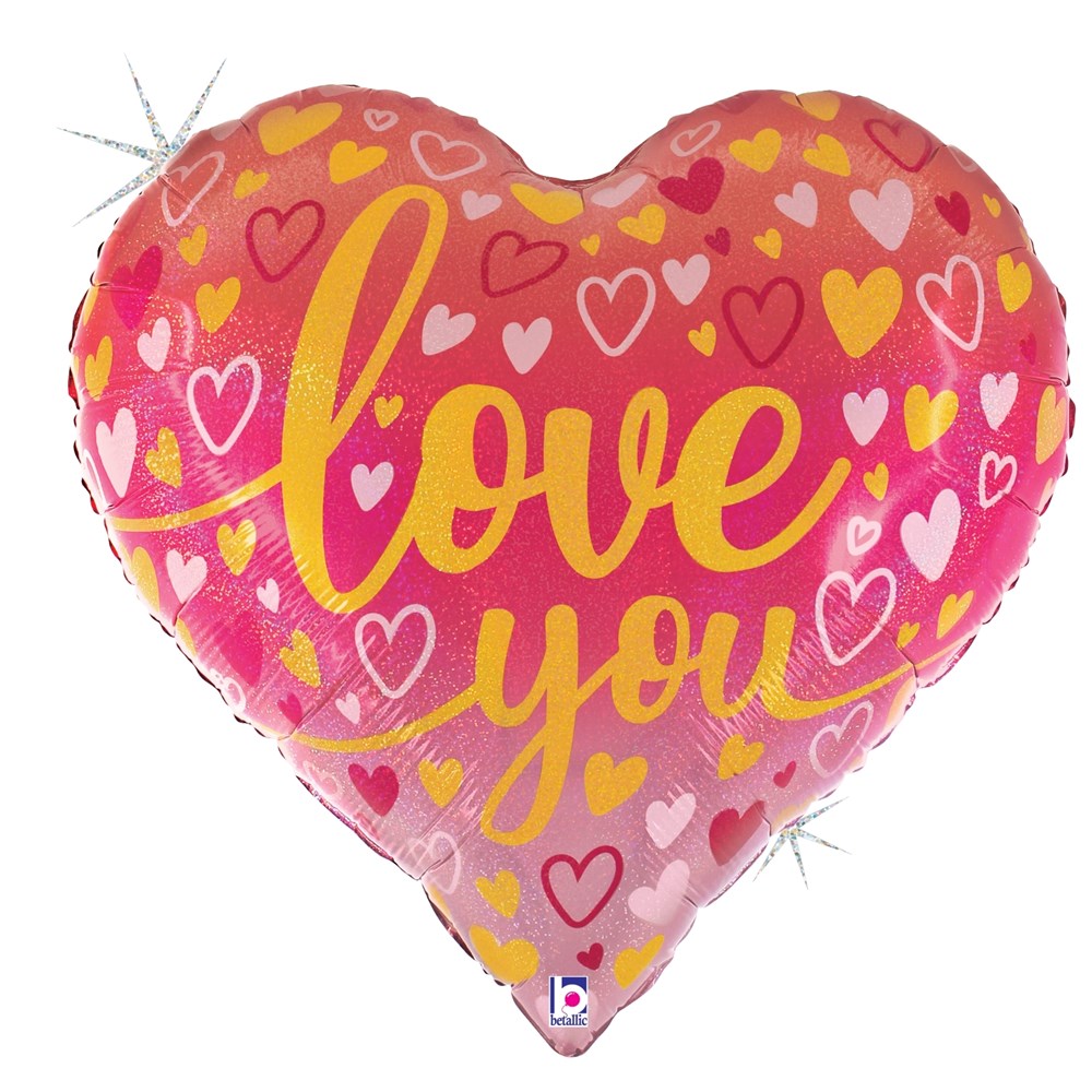 Heart-shaped foil balloon with pink to red ombre background, scattered multicolored hearts, and yellow "love you" text in.