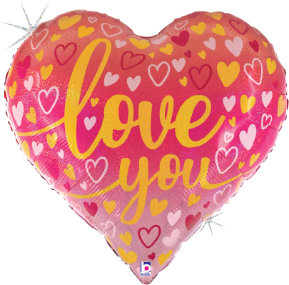 Heart-shaped foil balloon with pink to orange ombre, glitter holographic finish, and yellow "love you" text surrounded by.