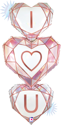 Three pale pink opal holographic foil balloons stacked vertically spelling "I ♥ U" with geometric heart shapes and rose gold