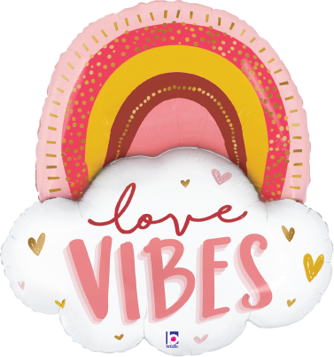 26-inch foil balloon shaped like a pink, yellow, and red rainbow over a white cloud with "love VIBES" text and gold heart.