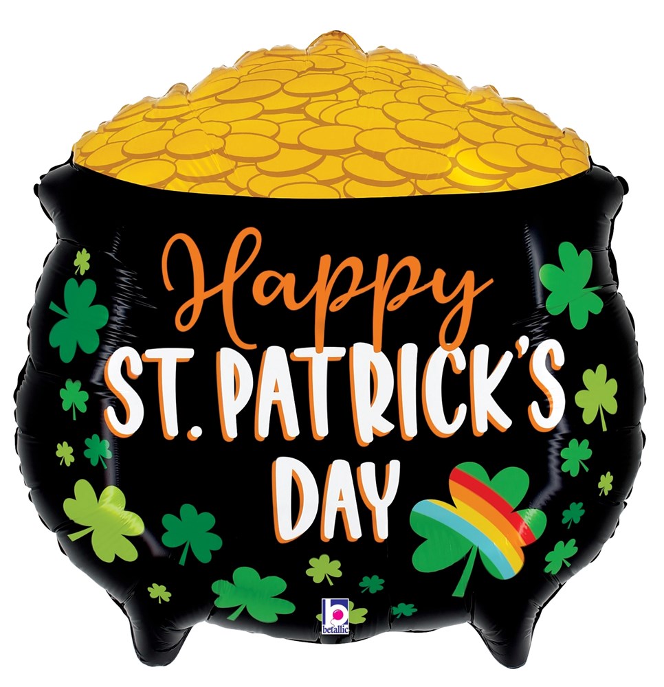 23-inch black foil balloon shaped like a pot filled with gold coins, decorated with green shamrocks and "Happy St.