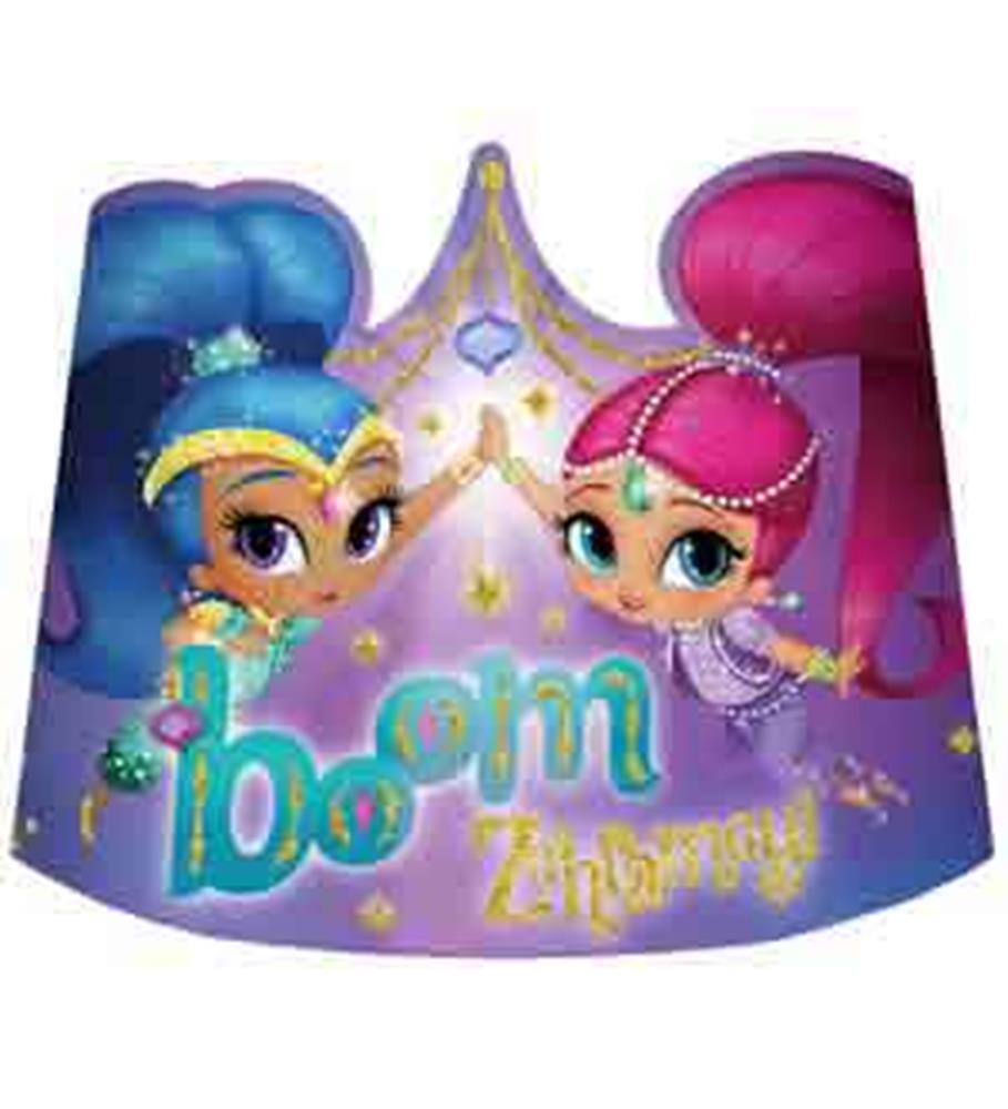 Colorful paper tiara featuring characters Shimmer and Shine with glittery accents and a purple background.
