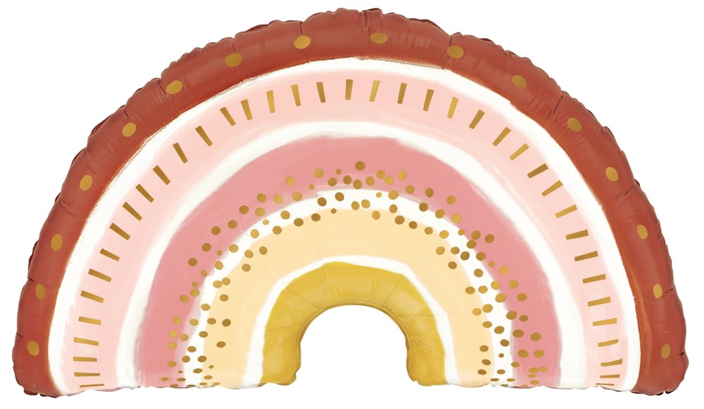 32-inch foil balloon shaped like a rainbow with rust, pink, white, gold, and mustard color bands and dotted gold accents.