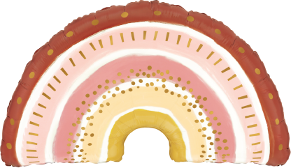 32-inch foil balloon shaped like a rainbow with pink, white, gold, and maroon arches and gold foil accents.