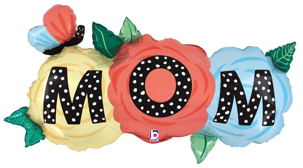 41-inch foil balloon shaped as three colorful flowers with letters M, O, M in black and white polka dots and small butterfly