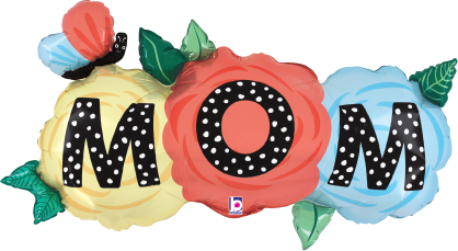 41-inch shaped foil balloon spelling MOM with flower and butterfly design, multicolored with green leaves.