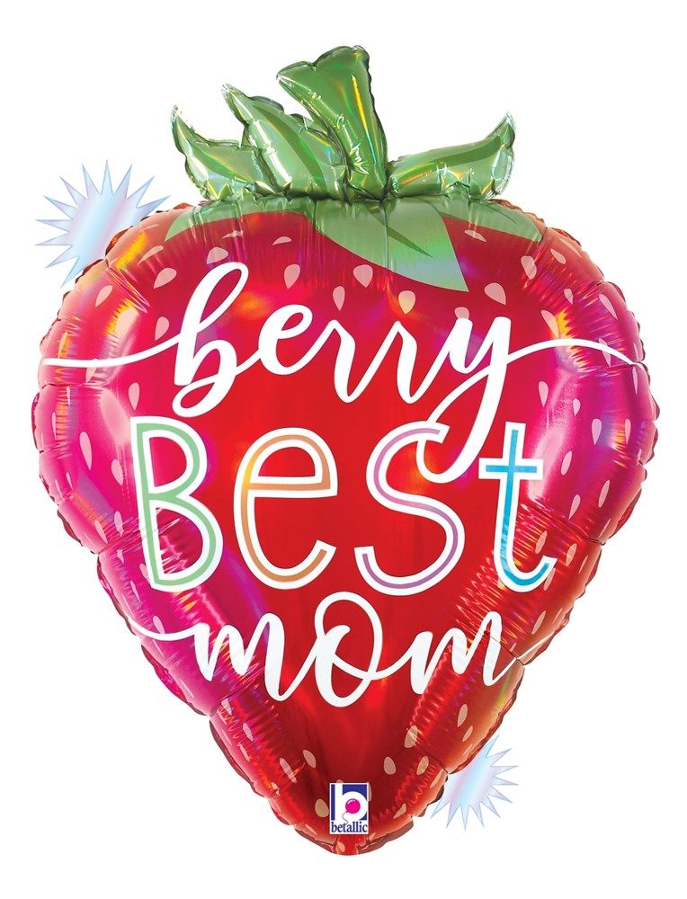 Red holographic foil balloon shaped like a strawberry with green leaves and "Berry Best Mom" in colorful letters.