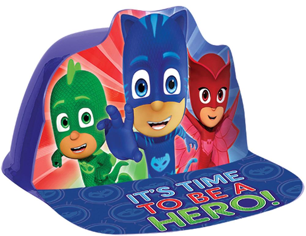 Colorful plastic PJ Masks hat shaped with characters Catboy, Gekko, and Owlette and text "It's time to be a hero!".