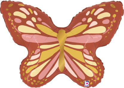 Pink and orange foil balloon shaped like a butterfly with yellow accents and wing patterns.