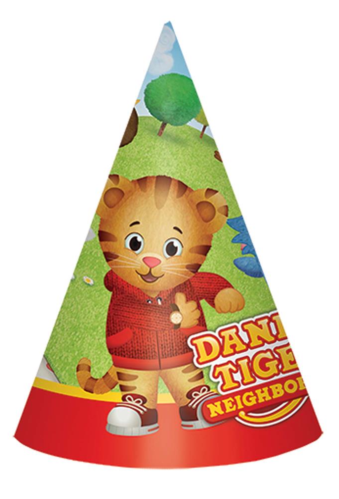 Cone-shaped party hat featuring Daniel Tiger in red sweater on green grassy background with blue sky and trees, red band at.