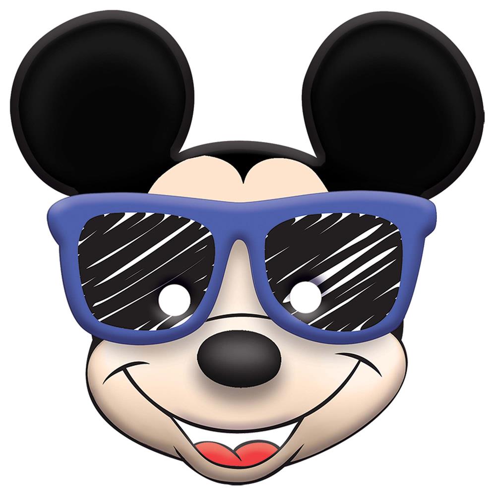 Mickey Mouse face mask with large black ears and blue sunglasses over eyes, smiling expression.