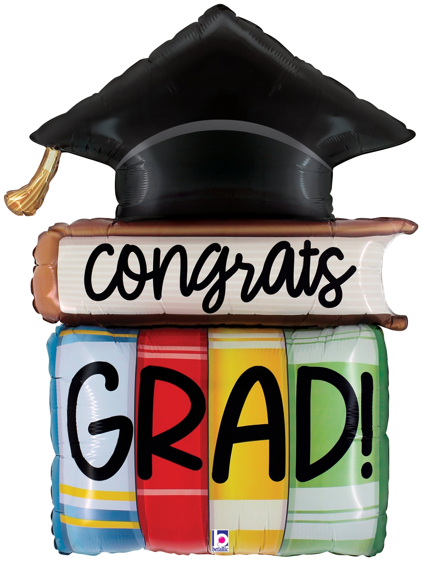 32-inch foil balloon shaped like a stack of colorful books with a black graduation cap and "Congrats Grad!" text.