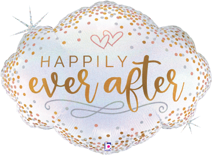 30-inch white cloud-shaped foil balloon with gold and rose gold confetti dots and "Happily ever after" in gold and lavender.
