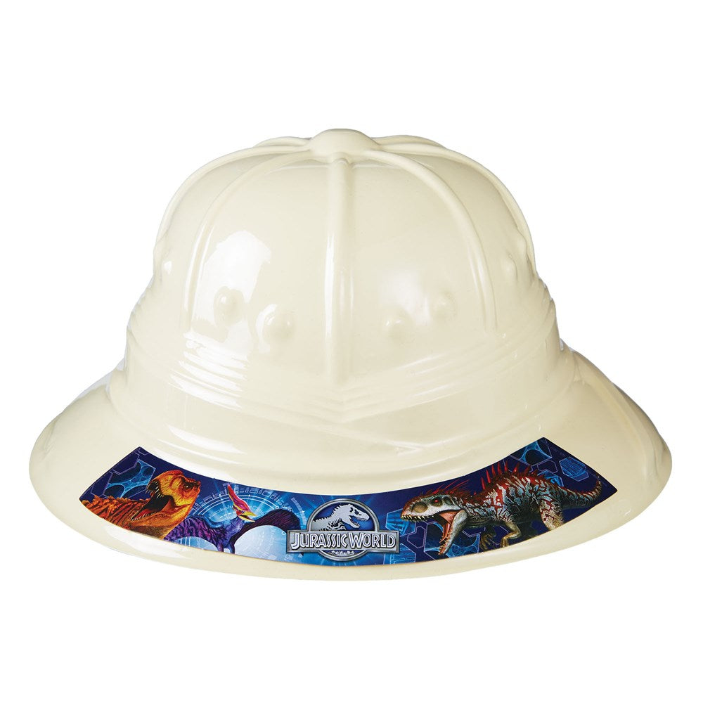 White plastic toy helmet with Jurassic World logo and dinosaur graphics around the brim.