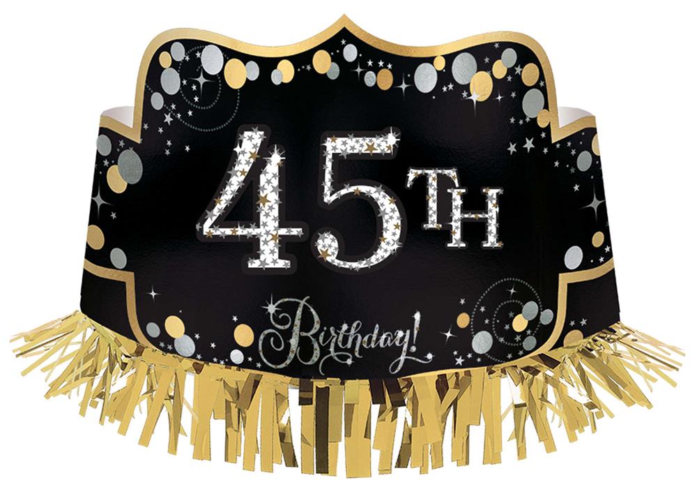 Black birthday crown with sparkling silver "45th" text, gold confetti details, and gold fringe trim.