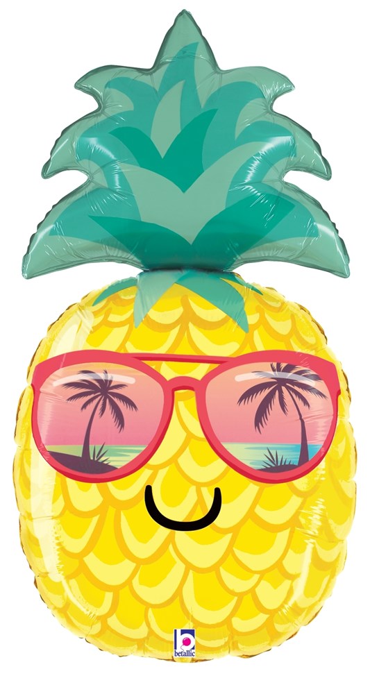 30 inch foil pineapple balloon with green leaves, yellow body, smiling face, and pink sunglasses reflecting palm trees.