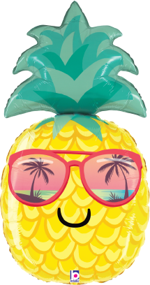 Yellow pineapple-shaped foil balloon with green leaves, wearing pink sunglasses reflecting palm trees, smiling face, 30 inch.
