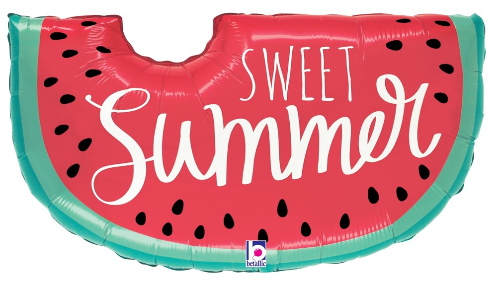 Half-circle foil balloon shaped like a watermelon slice with red, green, black seeds and "Sweet Summer" text in white.