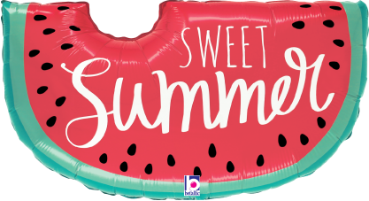 30-inch watermelon slice foil balloon with "Sweet Summer" text, red and green colors, black seed details.