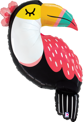 34-inch foil balloon shaped like a colorful toucan with yellow, black, white, pink, and green accents.
