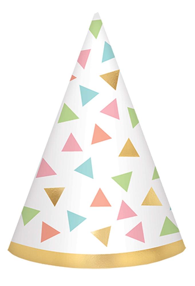 White cone party hat with pastel pink, green, blue, and gold confetti triangles and a gold trim at the base.