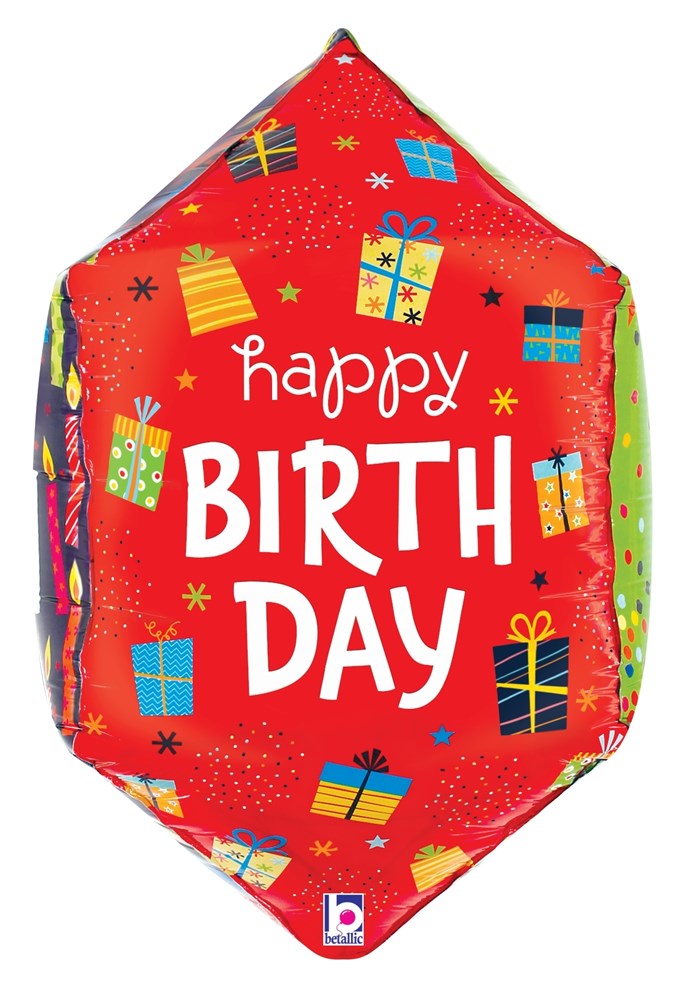 Red diamond-shaped foil balloon with colorful wrapped gift illustrations and white "happy BIRTHDAY" text.