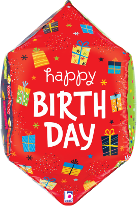 Red diamond-shaped foil balloon with colorful gift box illustrations and white "Happy Birthday" text.