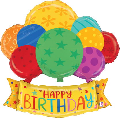 Colorful foil balloons in various shapes including round with star and dot patterns, featuring a yellow banner balloon with.