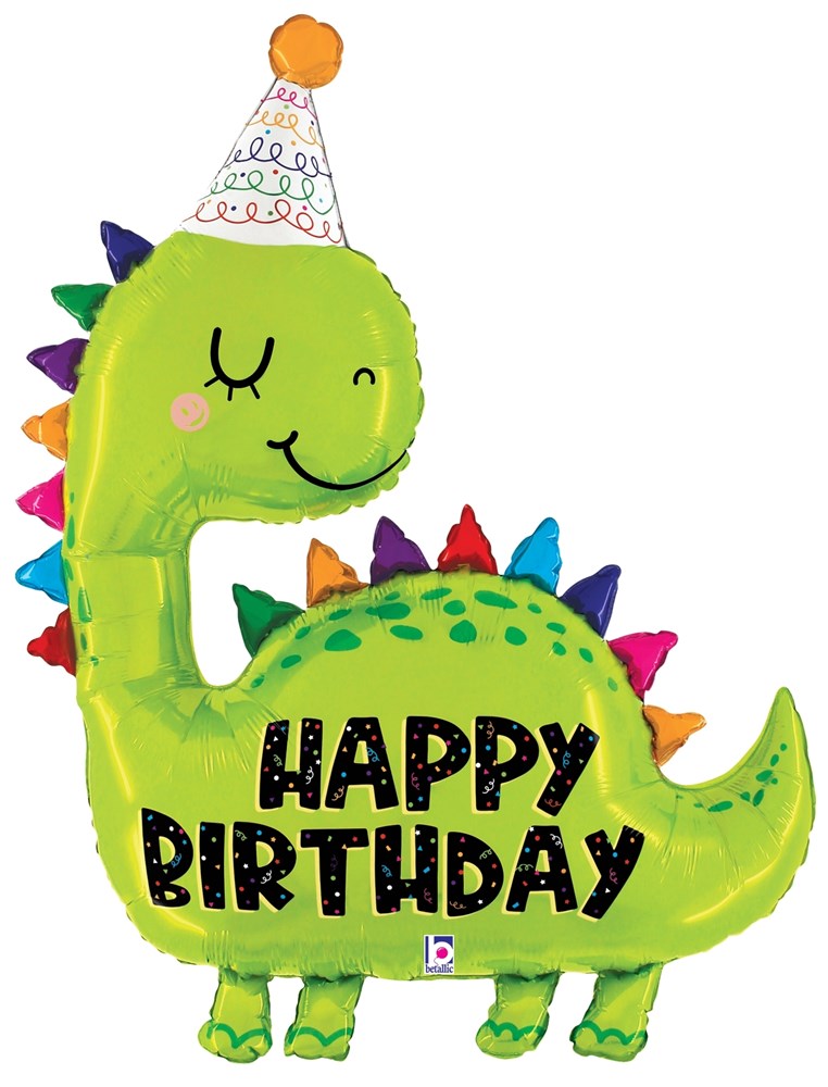 Bright green dinosaur-shaped foil balloon with colorful spikes and a white party hat, "Happy Birthday" text in black.