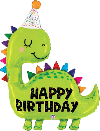 Green dinosaur-shaped foil balloon with colorful spikes and "Happy Birthday" text, wearing a party hat.