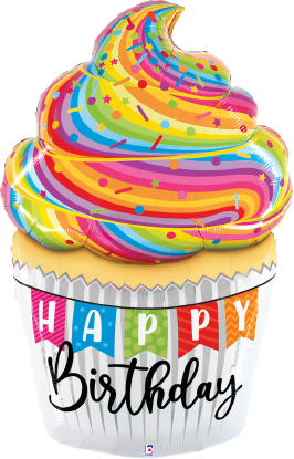 Colorful swirled foil balloon shaped like a cupcake with rainbow sprinkles and "Happy Birthday" text on the wrapper.