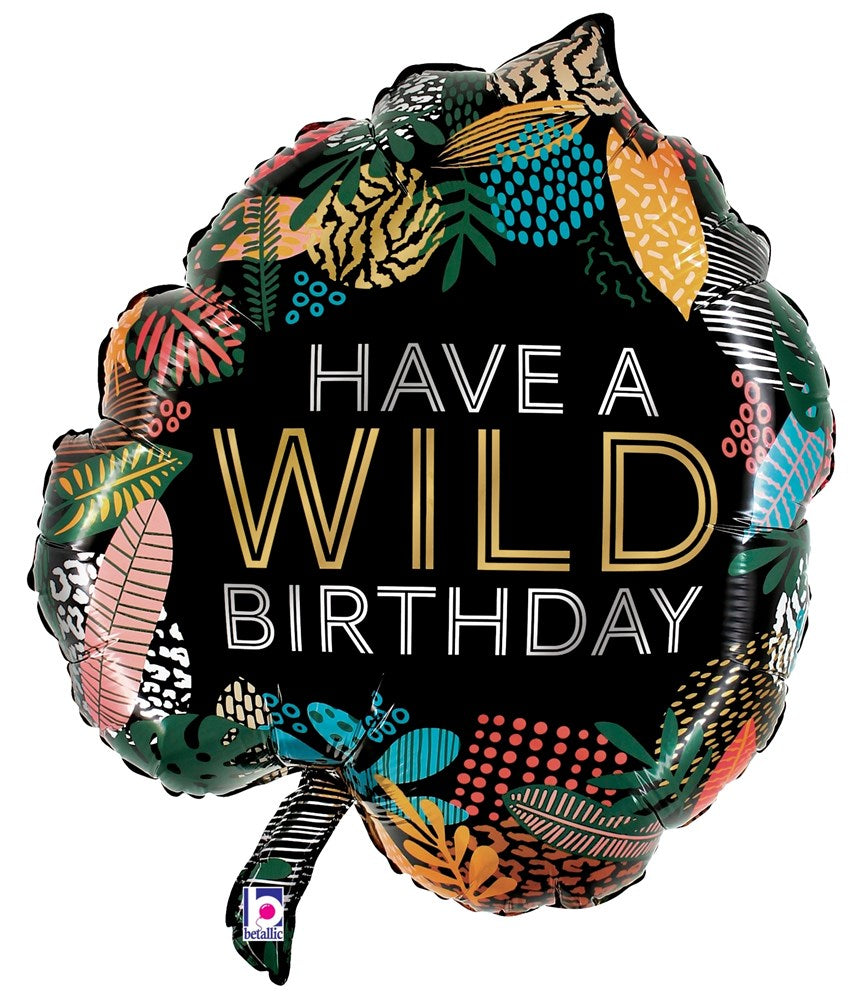 24-inch round foil balloon with tropical leaf patterns and "Have a Wild Birthday" text on black background.