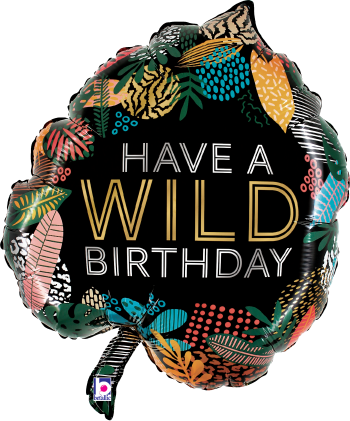 Black 24-inch foil balloon with colorful tropical leaves and "Have a Wild Birthday" text in yellow and white.