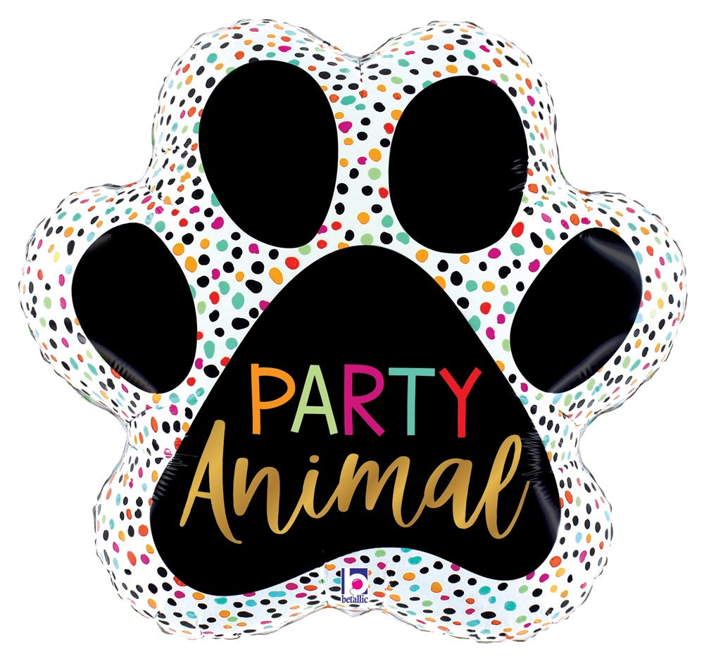 24-inch foil balloon shaped like a paw print with multicolored dots and "Party Animal" text in bright colors.