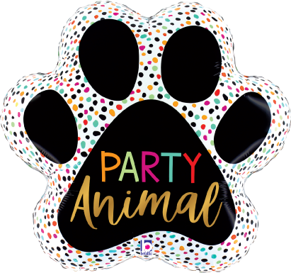 24-inch foil balloon shaped like a paw with multicolored confetti spots and "Party Animal" text in colorful and gold.