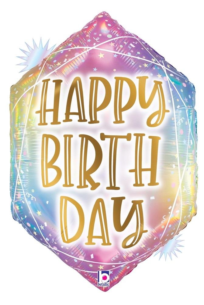 Opal holographic 25-inch foil balloon with pastel geometric pattern and gold "Happy Birthday" text.